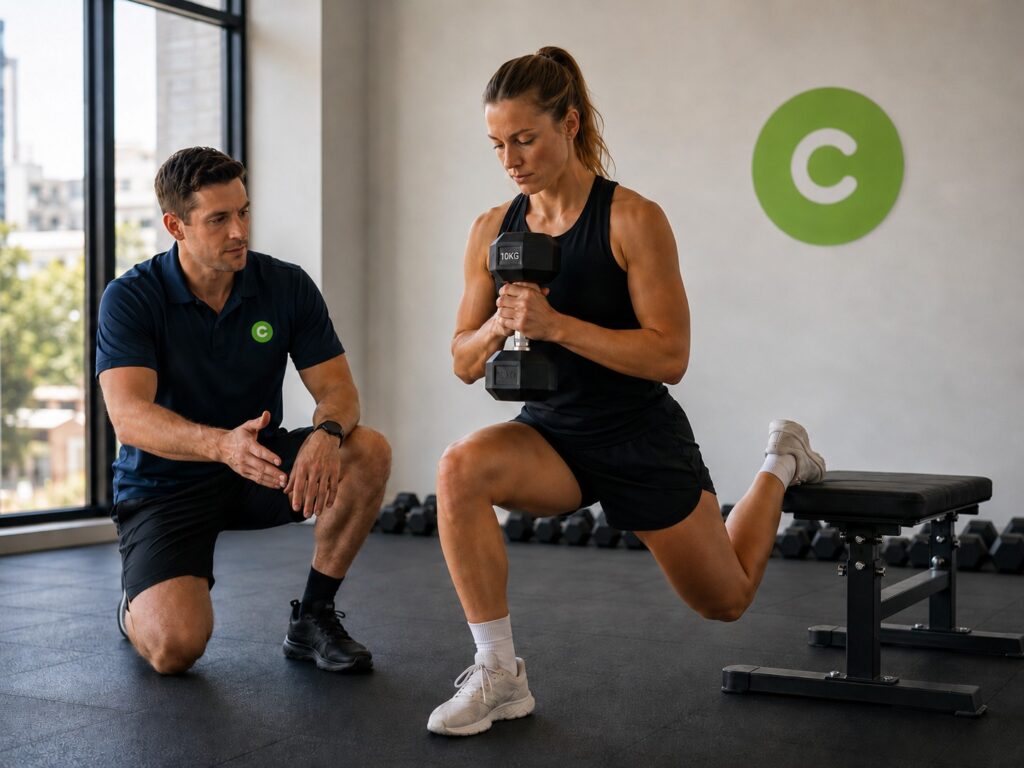 Sydney running physiotherapist guiding a runner through hip and glute strengthening for hip pain