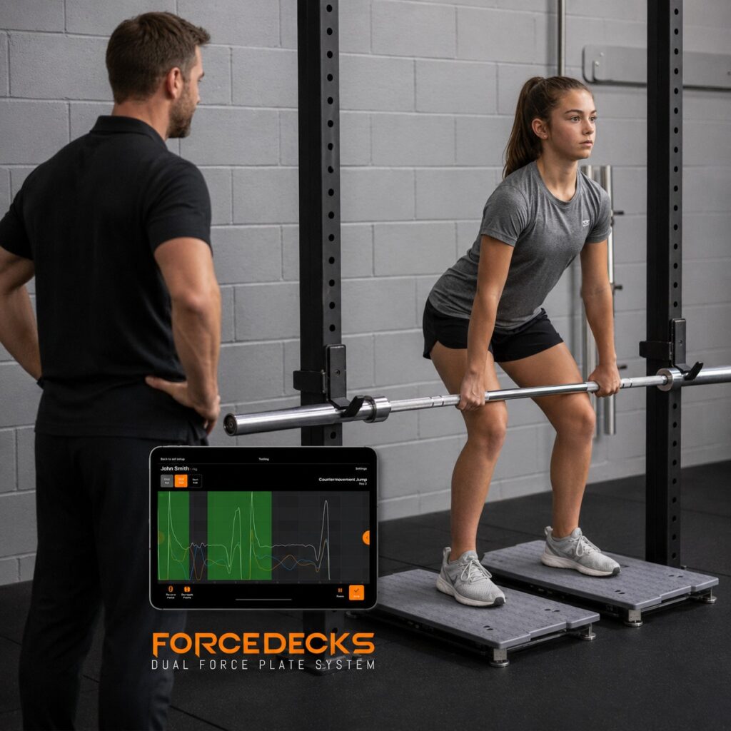 Strength training for young athletes in Sydney - girl doing VALD Forcedecks strength testing at Central Performance.